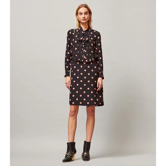 ASO Mandy Moore Tory Burch Printed Ruffle Bow Neck Polka Dot Silk Dress | SZ 4 - Picture 2 of 16